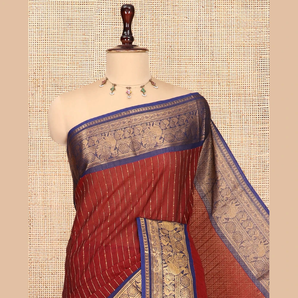 Pothys Maroon-Royal Blue Chettinad Cotton Saree, Adorned with Zari Stripes, a Contrast Peacock Traditional Border, Grand Pallu, a Matching Blouse