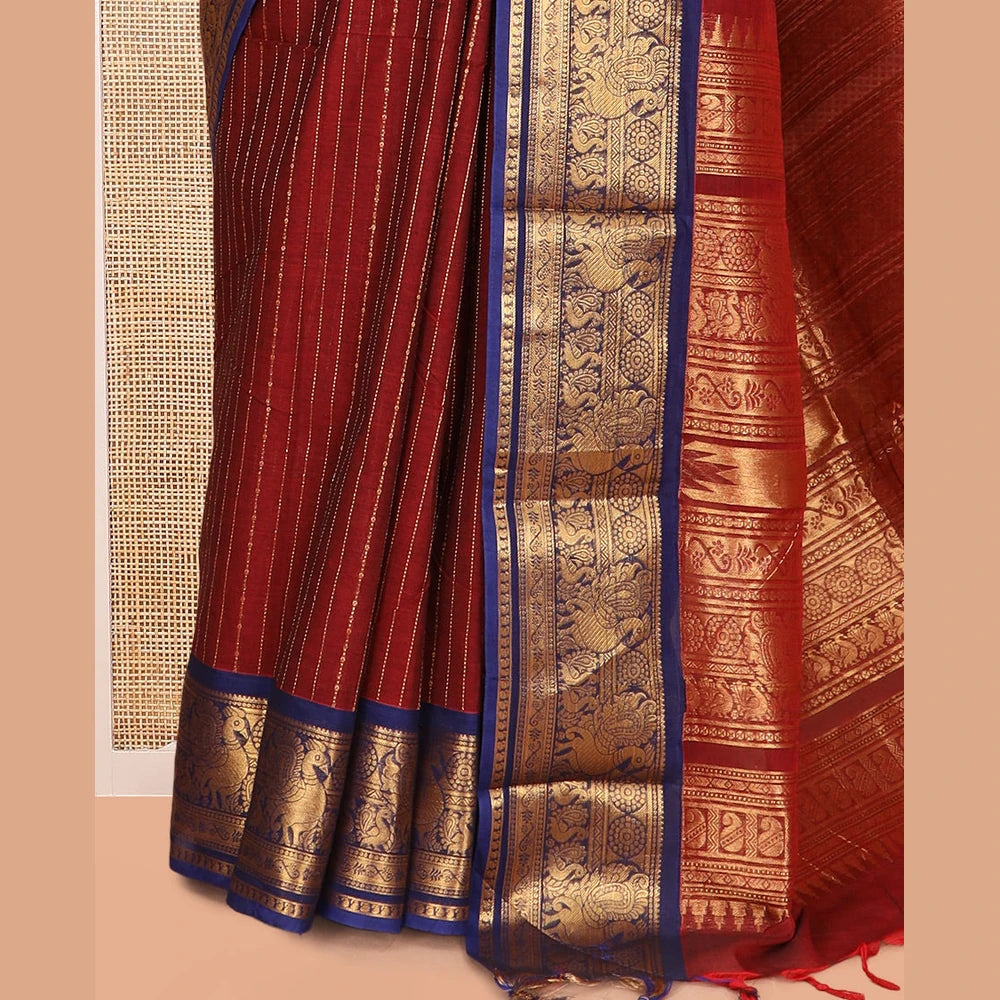 Pothys Maroon-Royal Blue Chettinad Cotton Saree, Adorned with Zari Stripes, a Contrast Peacock Traditional Border, Grand Pallu, a Matching Blouse