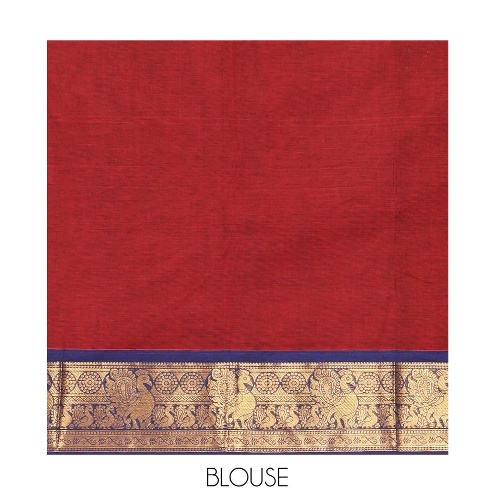 Pothys Maroon-Royal Blue Chettinad Cotton Saree, Adorned with Zari Stripes, a Contrast Peacock Traditional Border, Grand Pallu, a Matching Blouse