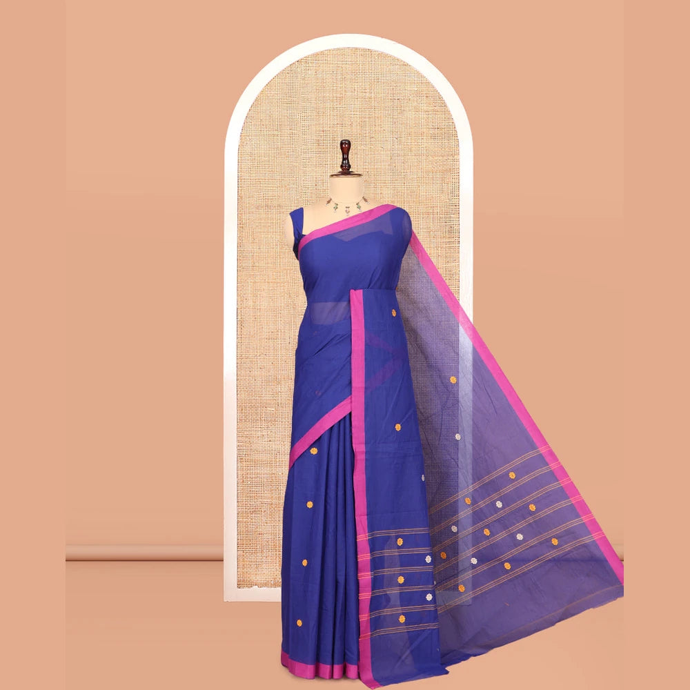 Pothys Navy Blue Blue Chettinad Cotton Saree, Subtly Sparkled with Thread Buttas, a Contrast Border, Pallu of Stripes and Buttas, a Matching Blouse