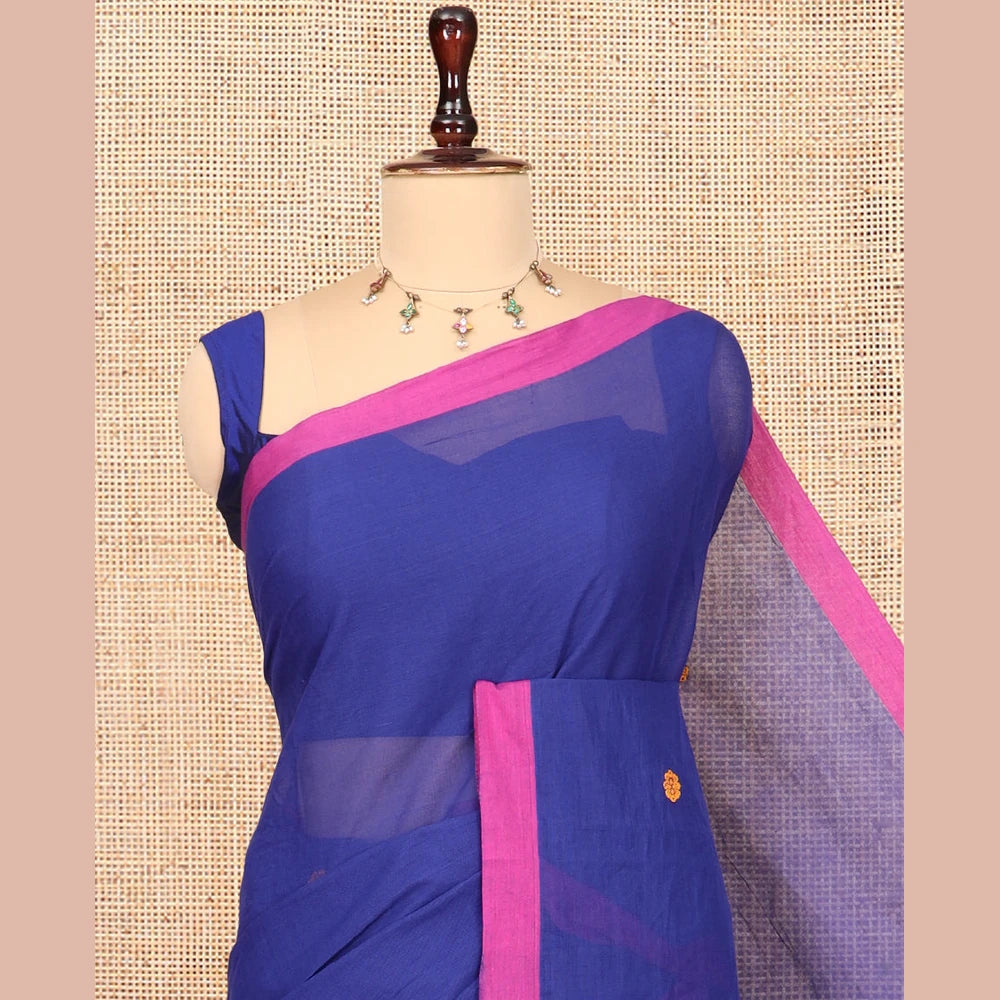 Pothys Navy Blue Blue Chettinad Cotton Saree, Subtly Sparkled with Thread Buttas, a Contrast Border, Pallu of Stripes and Buttas, a Matching Blouse