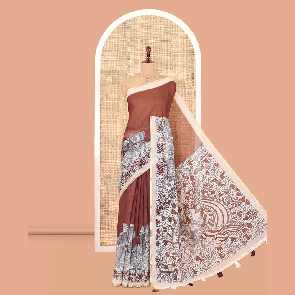 Pothys Brown Linen Cotton Saree, Embellished with Kalamkari Floral-Bird Print, Contrast Border, Kalamkari Peacock Pallu, a Contrast Blouse