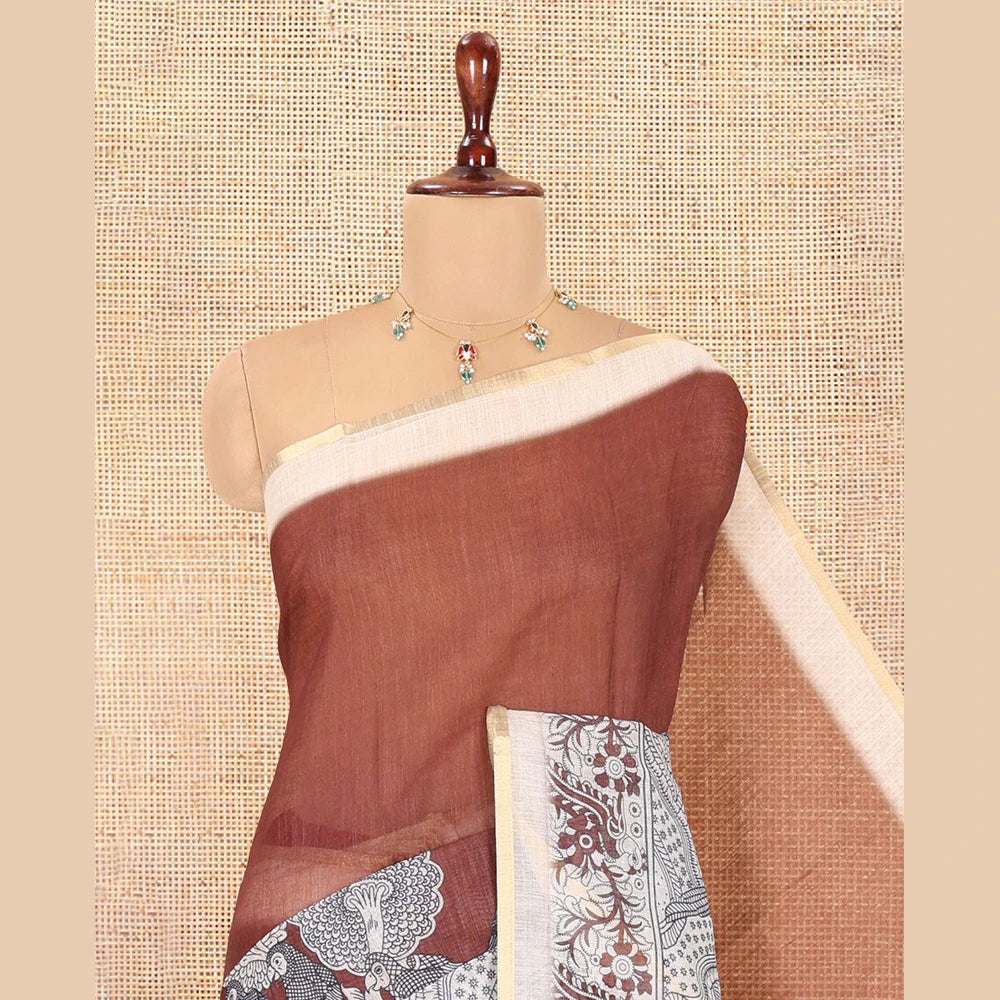 Pothys Brown Linen Cotton Saree, Embellished with Kalamkari Floral-Bird Print, Contrast Border, Kalamkari Peacock Pallu, a Contrast Blouse