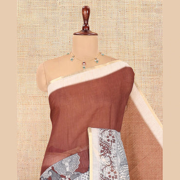 Pothys Brown Linen Cotton Saree, Embellished with Kalamkari Floral-Bird Print, Contrast Border, Kalamkari Peacock Pallu, a Contrast Blouse
