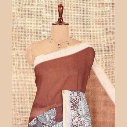 Pothys Brown Linen Cotton Saree, Embellished with Kalamkari Floral-Bird Print, Contrast Border, Kalamkari Peacock Pallu, a Contrast Blouse