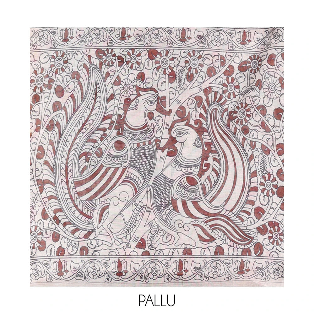 Pothys Brown Linen Cotton Saree, Embellished with Kalamkari Floral-Bird Print, Contrast Border, Kalamkari Peacock Pallu, a Contrast Blouse