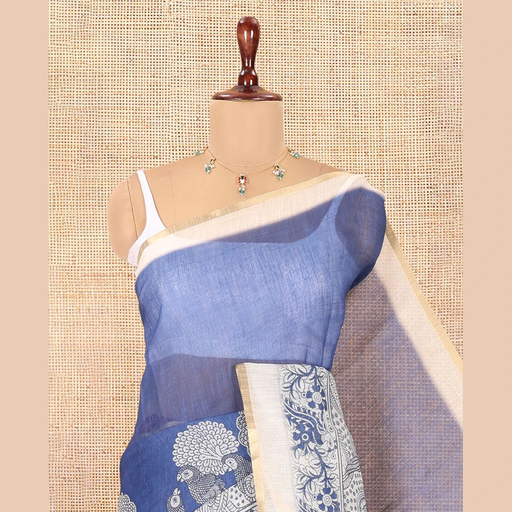 Pothys Blue Linen Cotton Saree, Adorned with Kalamkari Floral-Bird Print, Contrast Border, Kalamkari Peacock Pallu, a Contrast Blouse