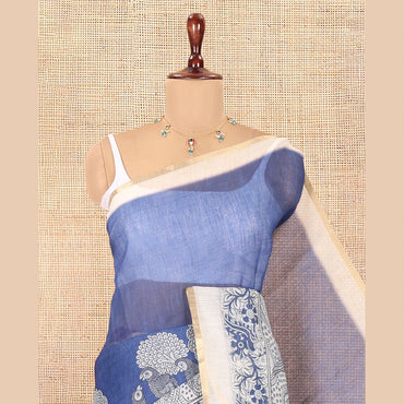 Pothys Blue Linen Cotton Saree, Adorned with Kalamkari Floral-Bird Print, Contrast Border, Kalamkari Peacock Pallu, a Contrast Blouse