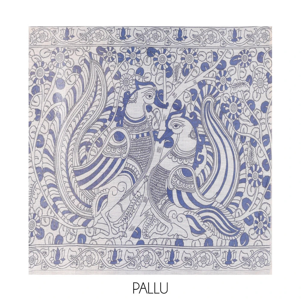 Pothys Blue Linen Cotton Saree, Adorned with Kalamkari Floral-Bird Print, Contrast Border, Kalamkari Peacock Pallu, a Contrast Blouse