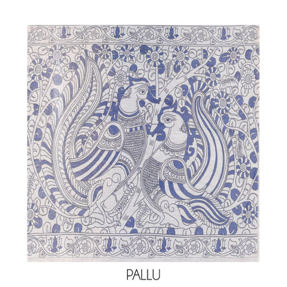 Pothys Blue Linen Cotton Saree, Adorned with Kalamkari Floral-Bird Print, Contrast Border, Kalamkari Peacock Pallu, a Contrast Blouse