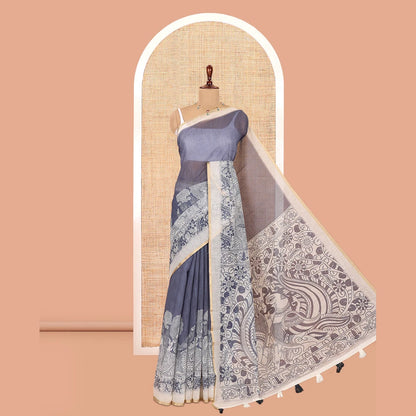 Pothys Grey Linen Cotton Saree, Ornamented with Kalamkari Floral-Bird Print, Contrast Border, Kalamkari Peacock Pallu, a Contrast Blouse