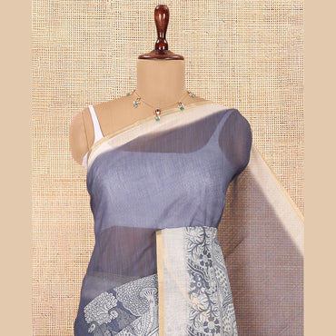 Pothys Grey Linen Cotton Saree, Ornamented with Kalamkari Floral-Bird Print, Contrast Border, Kalamkari Peacock Pallu, a Contrast Blouse