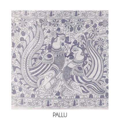 Pothys Grey Linen Cotton Saree, Ornamented with Kalamkari Floral-Bird Print, Contrast Border, Kalamkari Peacock Pallu, a Contrast Blouse