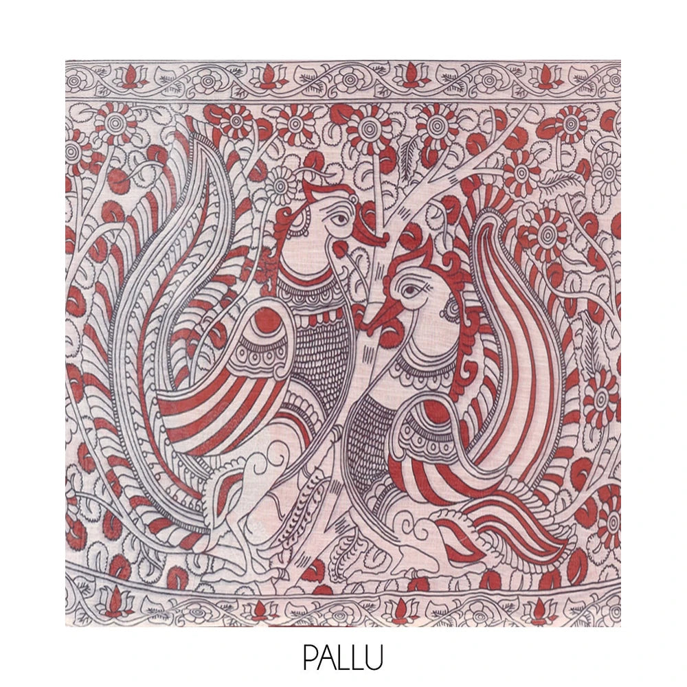 Pothys Maroon Linen Cotton Saree, Decked Up with Kalamkari Floral-Bird Print, Contrast Border, Kalamkari Peacock Pallu, a Contrast Blouse