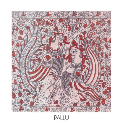 Pothys Maroon Linen Cotton Saree, Decked Up with Kalamkari Floral-Bird Print, Contrast Border, Kalamkari Peacock Pallu, a Contrast Blouse