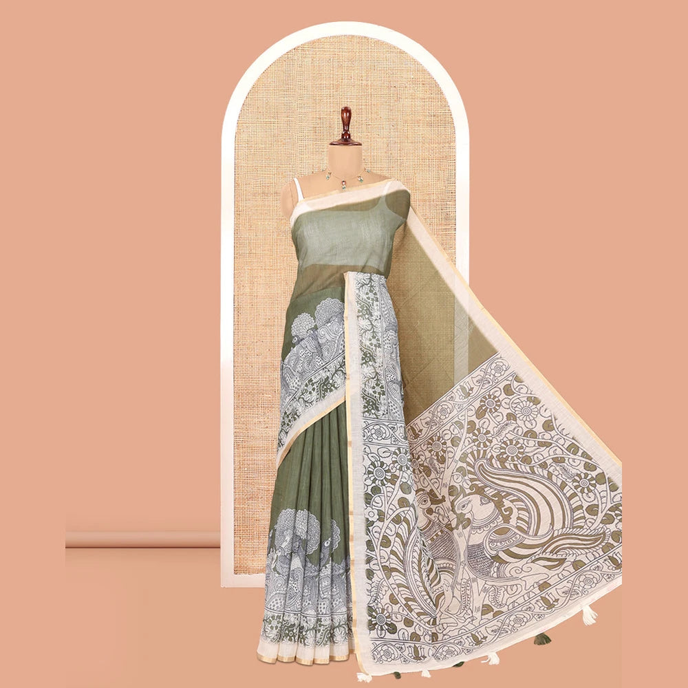 Pothys Green Linen Cotton Saree, Decorated with Kalamkari Floral-Bird Print, Contrast Border, Kalamkari Peacock Pallu, a Contrast Blouse
