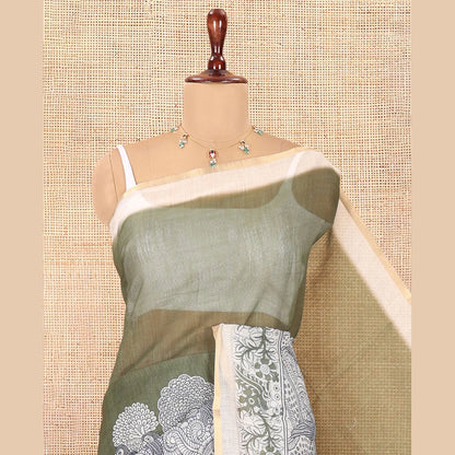Pothys Green Linen Cotton Saree, Decorated with Kalamkari Floral-Bird Print, Contrast Border, Kalamkari Peacock Pallu, a Contrast Blouse