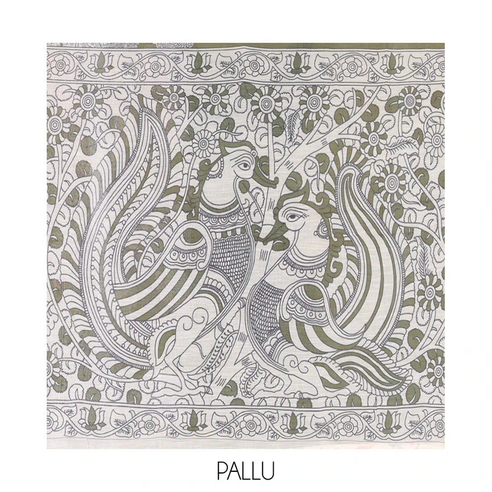Pothys Green Linen Cotton Saree, Decorated with Kalamkari Floral-Bird Print, Contrast Border, Kalamkari Peacock Pallu, a Contrast Blouse
