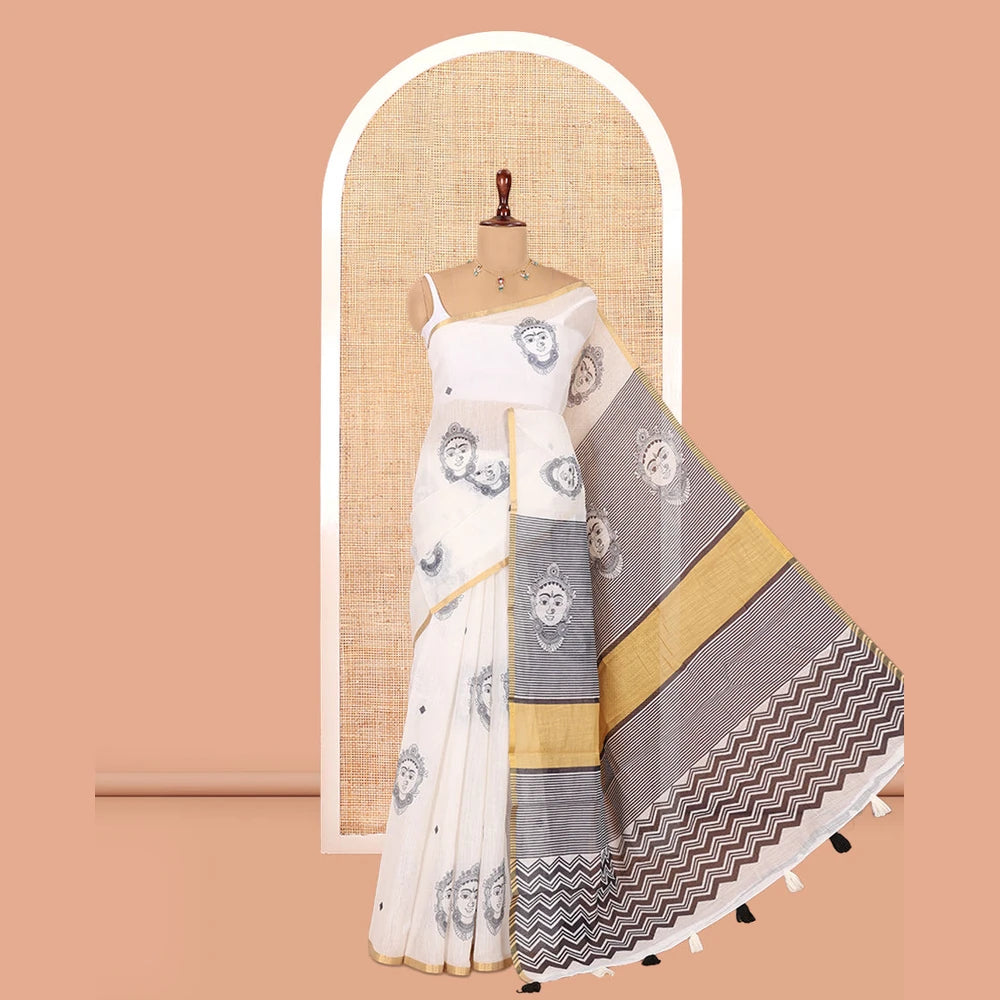 Pothys Borderless Cream Linen Cotton Saree, Adorned with Face Print, Contrast Pallu of Chevron Stripes and Face Print, a Contrast Blouse
