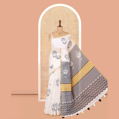 Pothys Borderless Cream Linen Cotton Saree, Adorned with Face Print, Contrast Pallu of Chevron Stripes and Face Print, a Contrast Blouse