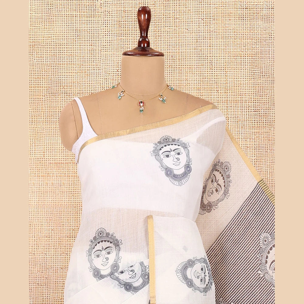 Pothys Borderless Cream Linen Cotton Saree, Adorned with Face Print, Contrast Pallu of Chevron Stripes and Face Print, a Contrast Blouse