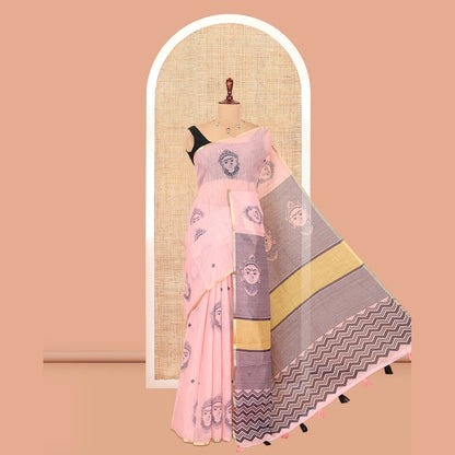 Pothys Borderless Peach Linen Cotton Saree, Elevated with Face Print, Contrast Pallu of Chevron Stripes and Face Print, a Contrast Blouse