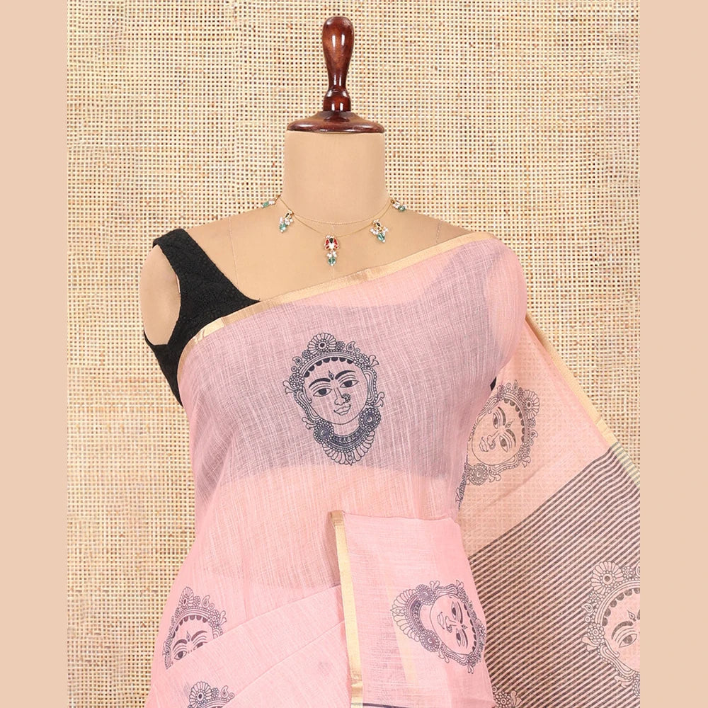 Pothys Borderless Peach Linen Cotton Saree, Elevated with Face Print, Contrast Pallu of Chevron Stripes and Face Print, a Contrast Blouse