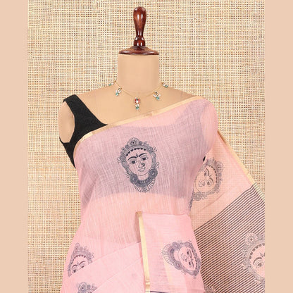 Pothys Borderless Peach Linen Cotton Saree, Elevated with Face Print, Contrast Pallu of Chevron Stripes and Face Print, a Contrast Blouse