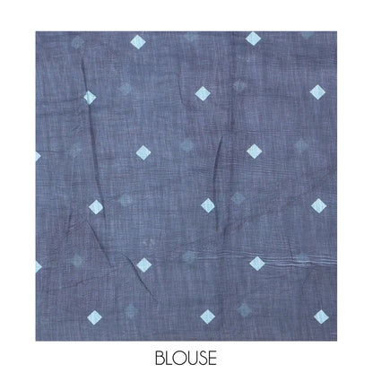 Pothys Borderless Blue Linen Cotton Saree, Beautified with Face Print, Contrast Pallu of Chevron Stripes and Face Print, a Contrast Blouse
