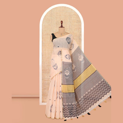 Pothys Borderless Chikoo Linen Cotton Saree Showcasing Face Print, Contrast Pallu of Chevron Stripes and Face Print, a Contrast Blouse
