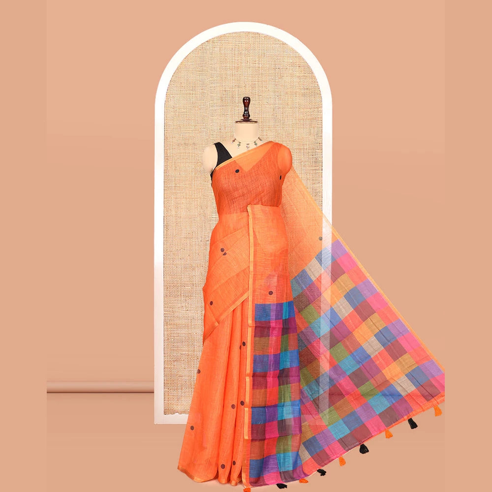 Pothys Borderless Orange Linen Cotton Saree, Mesmerised with Polka Dots, a Contrast Checked Pallu, Contrast Blouse