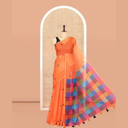 Pothys Borderless Orange Linen Cotton Saree, Mesmerised with Polka Dots, a Contrast Checked Pallu, Contrast Blouse