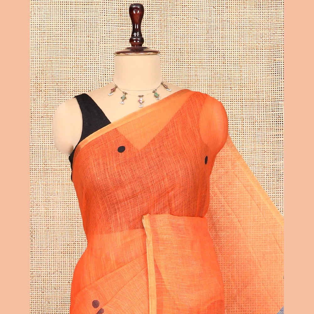 Pothys Borderless Orange Linen Cotton Saree, Mesmerised with Polka Dots, a Contrast Checked Pallu, Contrast Blouse