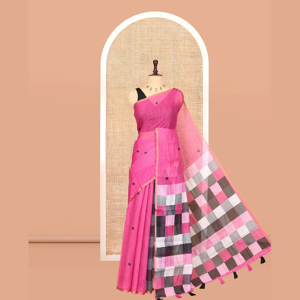 Pothys Borderless Rani Pink Linen Cotton Saree, Mesmerised with Polka Dots, a Contrast Checked Pallu, Contrast Blouse