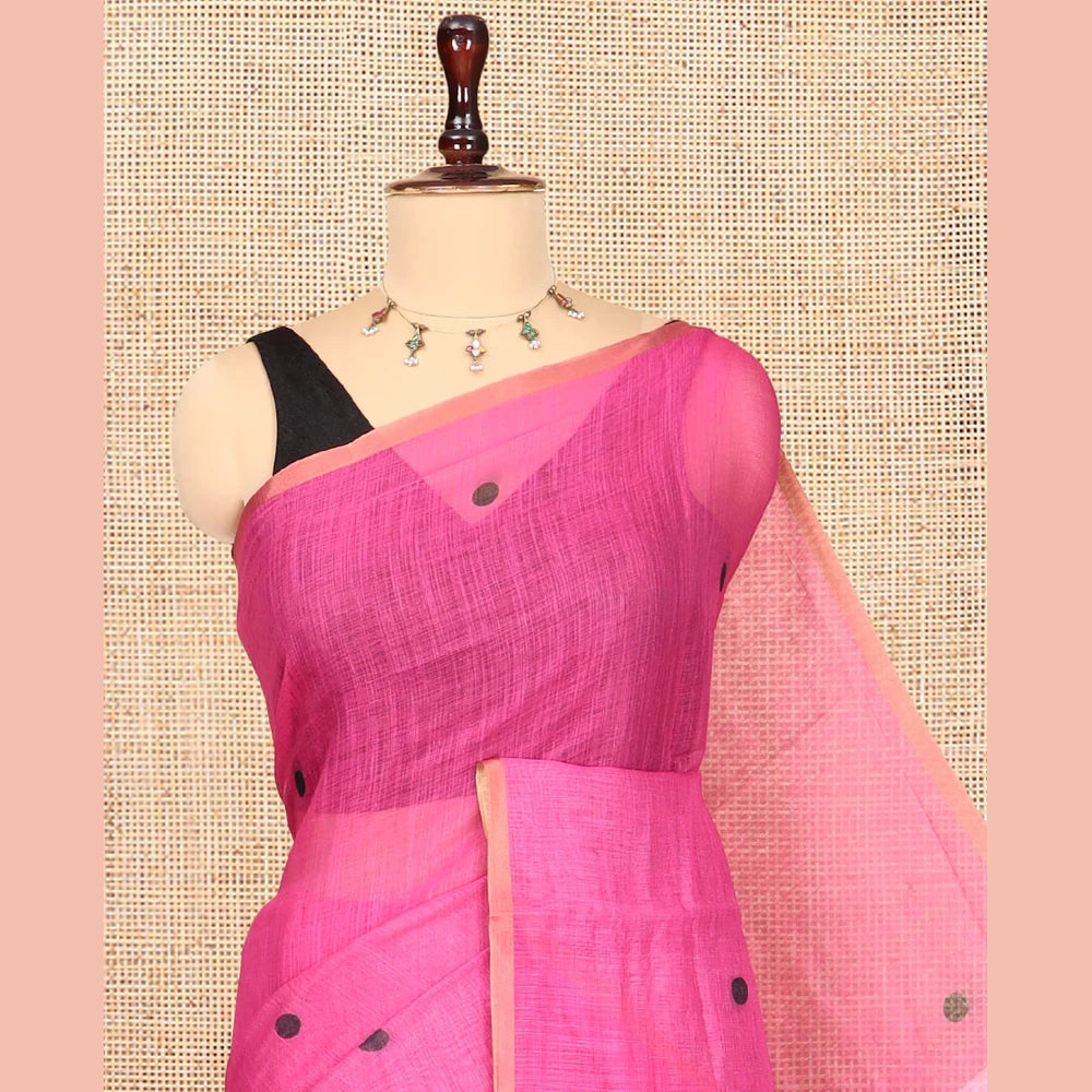 Pothys Borderless Rani Pink Linen Cotton Saree, Mesmerised with Polka Dots, a Contrast Checked Pallu, Contrast Blouse