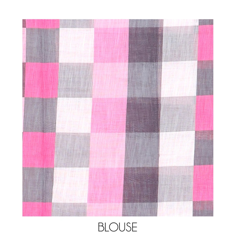 Pothys Borderless Rani Pink Linen Cotton Saree, Mesmerised with Polka Dots, a Contrast Checked Pallu, Contrast Blouse