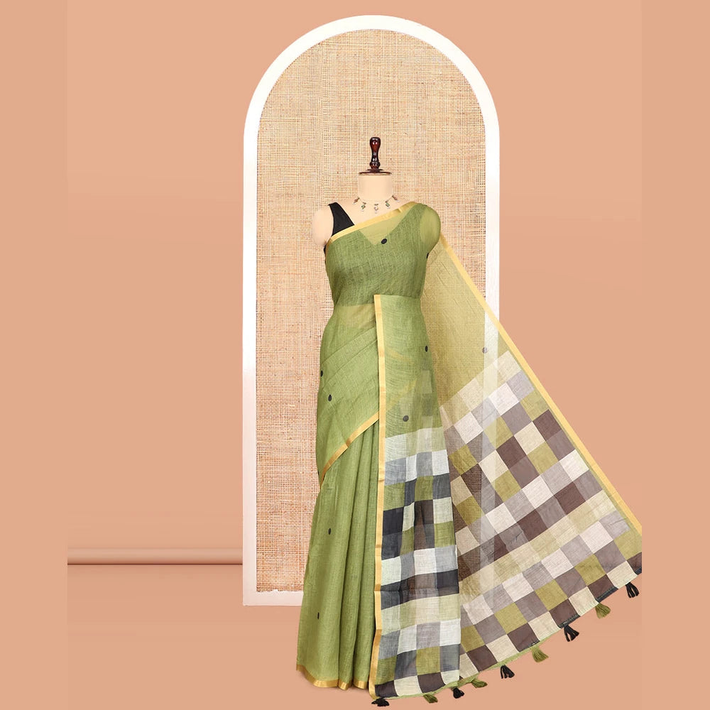 Pothys Borderless Green Linen Cotton Saree, Mesmerised with Polka Dots, a Contrast Checked Pallu, Contrast Blouse