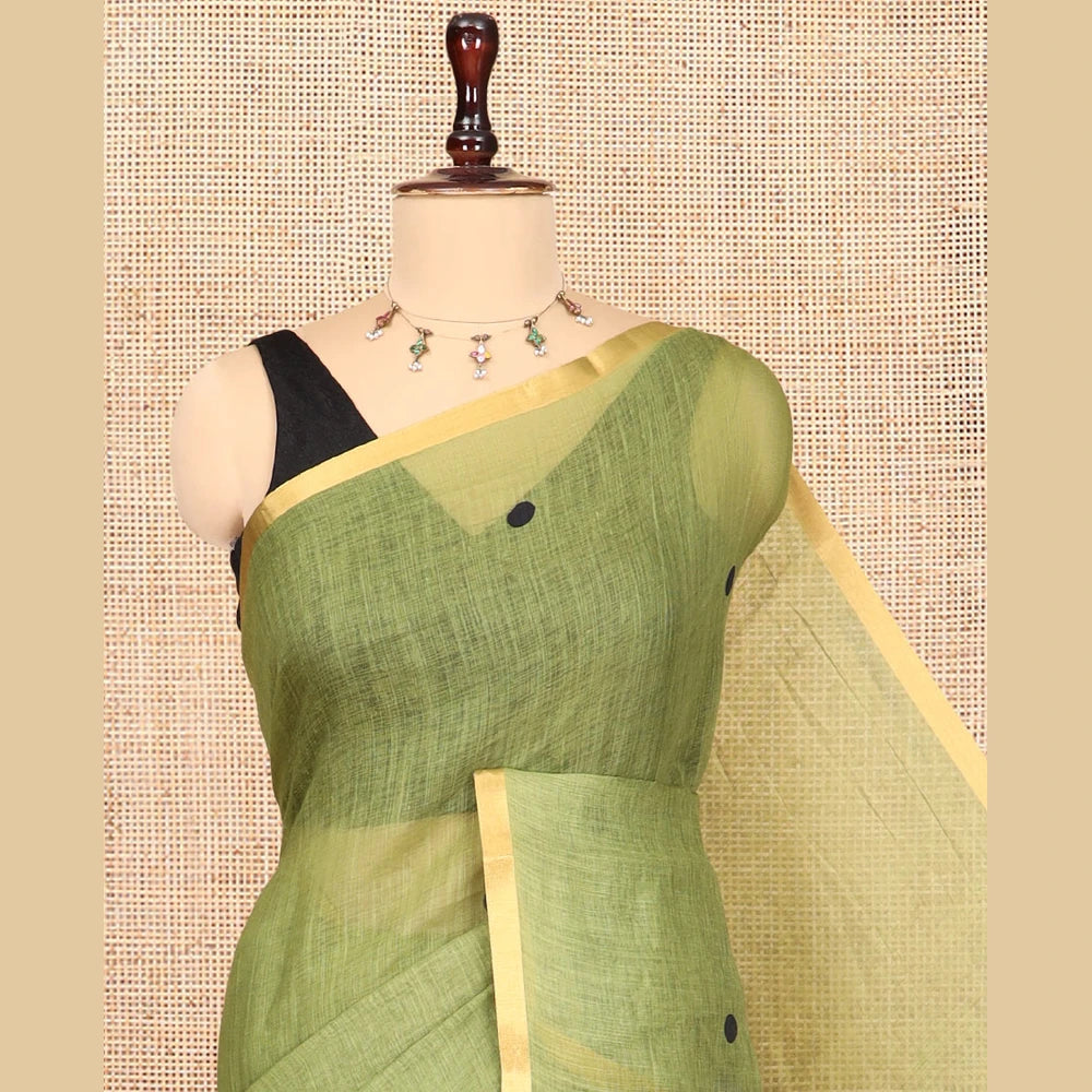 Pothys Borderless Green Linen Cotton Saree, Mesmerised with Polka Dots, a Contrast Checked Pallu, Contrast Blouse