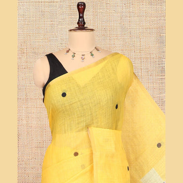 Pothys Borderless Yellow Linen Cotton Saree, Mesmerised with Polka Dots, a Contrast Checked Pallu, Contrast Blouse