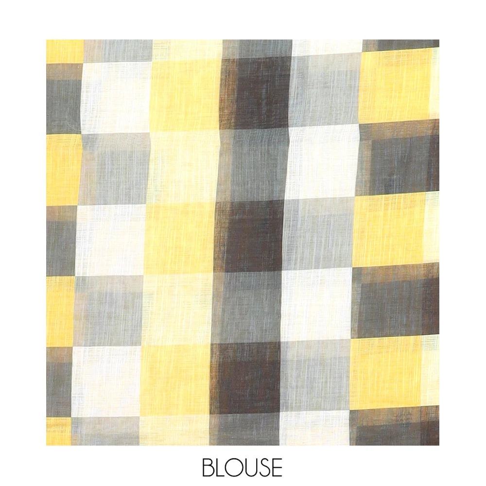 Pothys Borderless Yellow Linen Cotton Saree, Mesmerised with Polka Dots, a Contrast Checked Pallu, Contrast Blouse