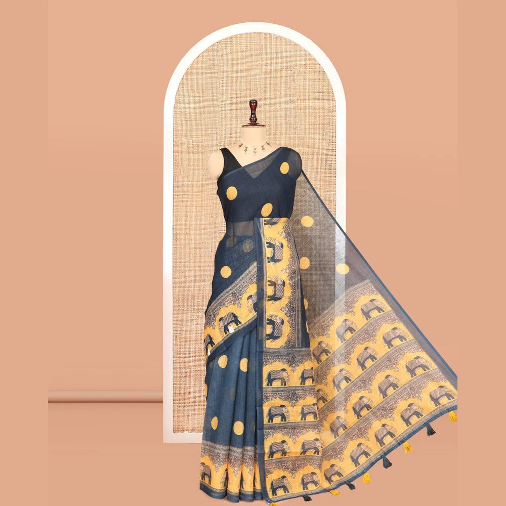 Pothys Navy Blue Blue Linen Cotton Saree Features Polka Dots, a Contrast One-sided Elephant Motif Border, Elephant Motif Pallu, Contrast Blouse