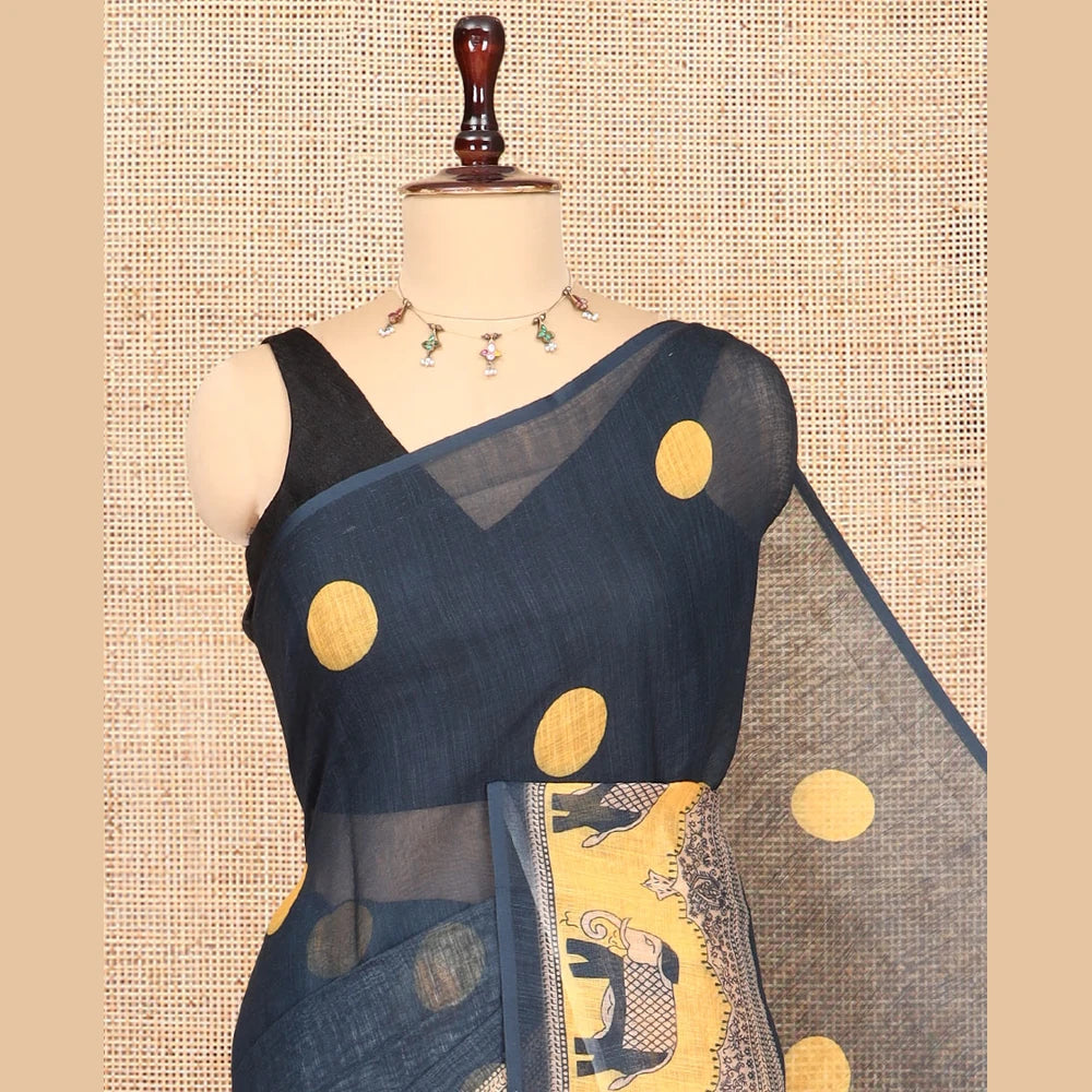 Pothys Navy Blue Blue Linen Cotton Saree Features Polka Dots, a Contrast One-sided Elephant Motif Border, Elephant Motif Pallu, Contrast Blouse