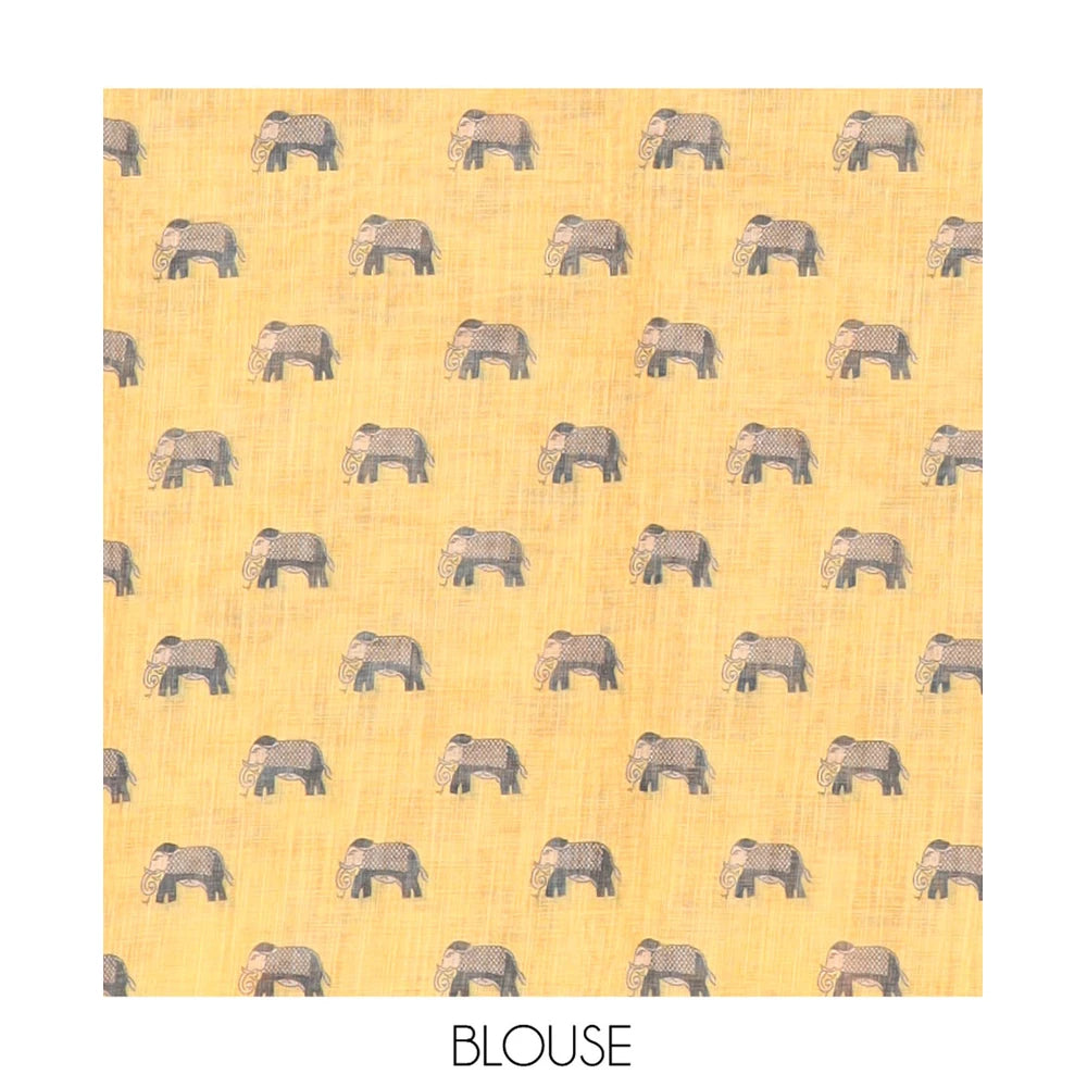 Pothys Navy Blue Blue Linen Cotton Saree Features Polka Dots, a Contrast One-sided Elephant Motif Border, Elephant Motif Pallu, Contrast Blouse