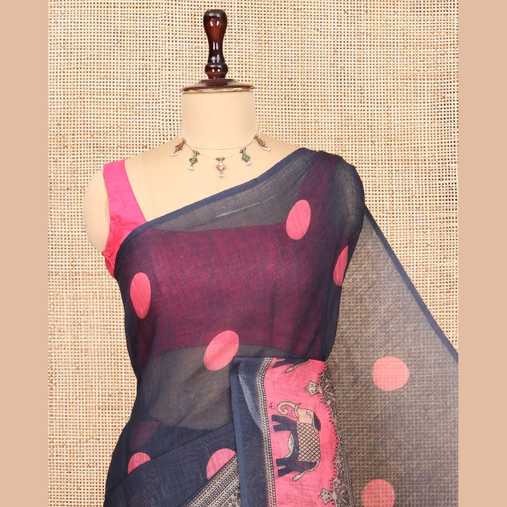 Pothys Black Linen Cotton Saree Features Polka Dots, a Contrast One-sided Elephant Motif Border, Elephant Motif Pallu, Contrast Blouse