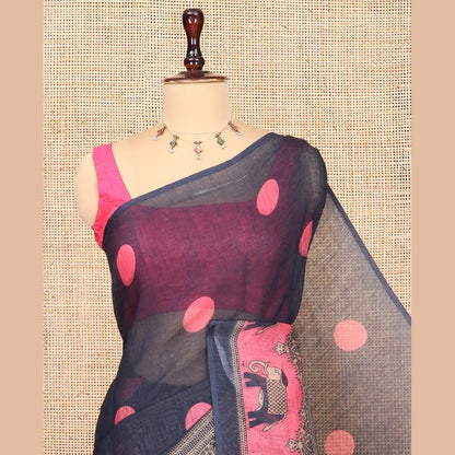 Pothys Black Linen Cotton Saree Features Polka Dots, a Contrast One-sided Elephant Motif Border, Elephant Motif Pallu, Contrast Blouse