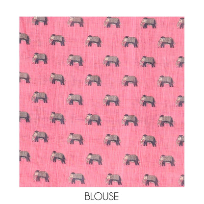 Pothys Black Linen Cotton Saree Features Polka Dots, a Contrast One-sided Elephant Motif Border, Elephant Motif Pallu, Contrast Blouse
