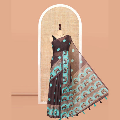 Pothys Brown Linen Cotton Saree Features Polka Dots, a Contrast One-sided Elephant Motif Border, Elephant Motif Pallu, Contrast Blouse