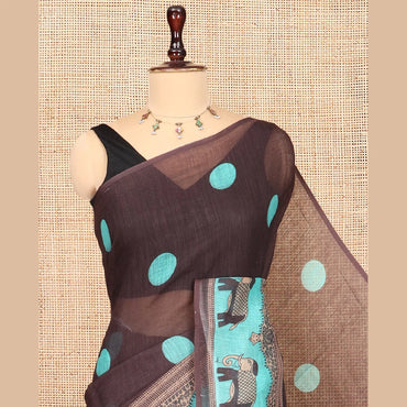 Pothys Brown Linen Cotton Saree Features Polka Dots, a Contrast One-sided Elephant Motif Border, Elephant Motif Pallu, Contrast Blouse