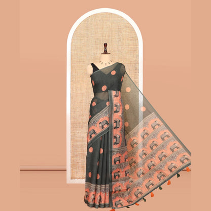 Pothys Green Linen Cotton Saree Features Polka Dots, a Contrast One-sided Elephant Motif Border, Elephant Motif Pallu, Contrast Blouse