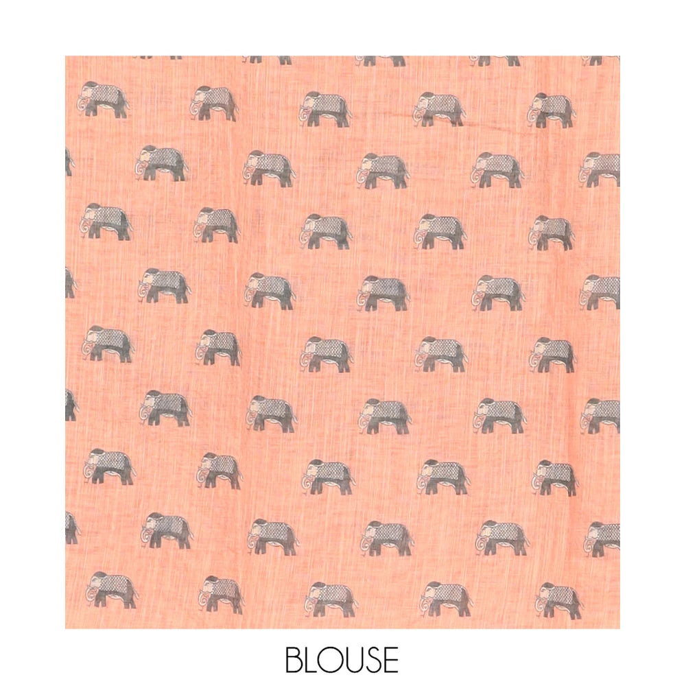 Pothys Green Linen Cotton Saree Features Polka Dots, a Contrast One-sided Elephant Motif Border, Elephant Motif Pallu, Contrast Blouse